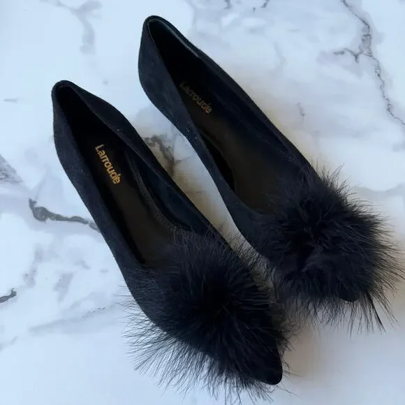 Larroude Lee Black Suede Pom Pom Flats Size 6.5 - Picture 3 of 8